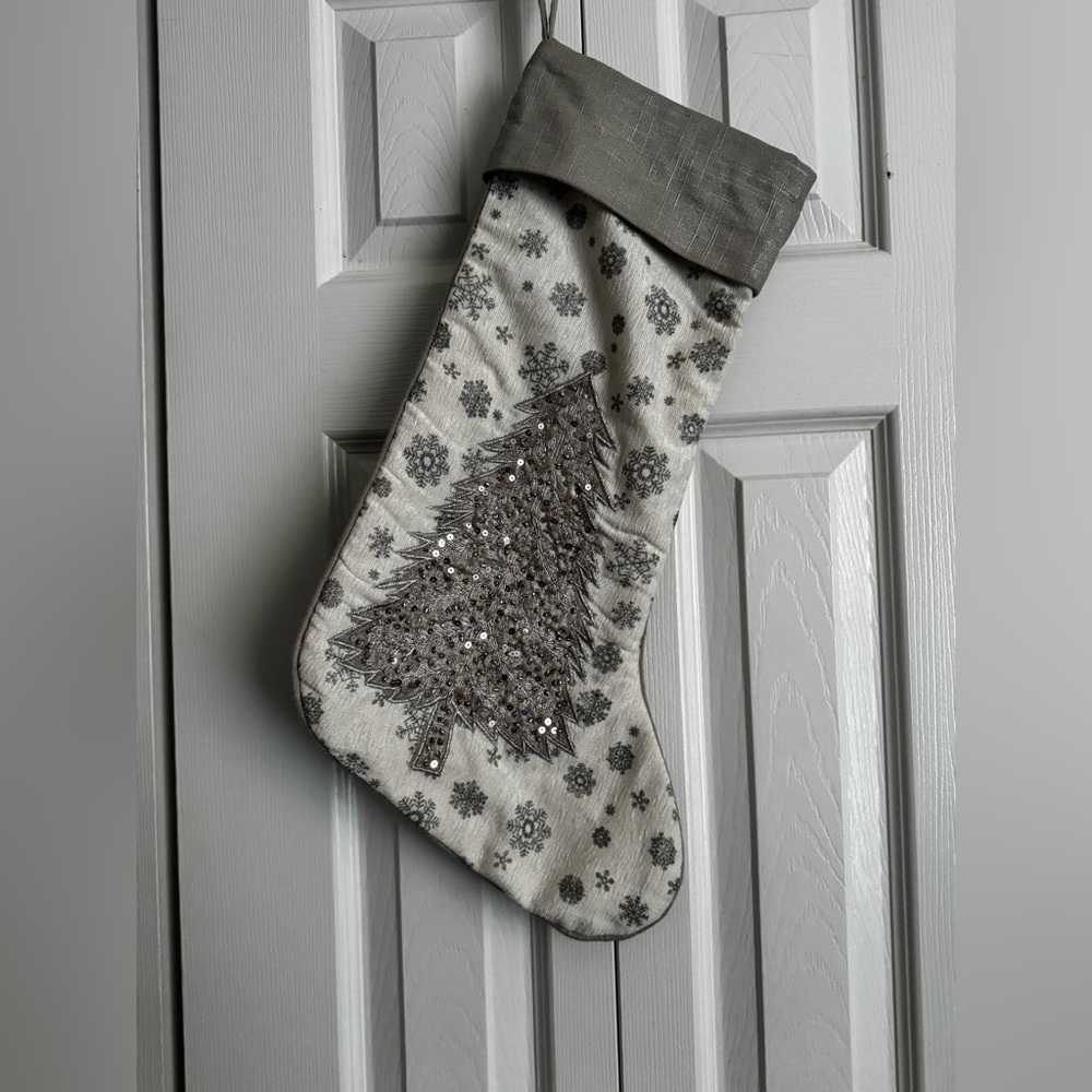 Elegant Gray Holiday Stocking with Tree Design